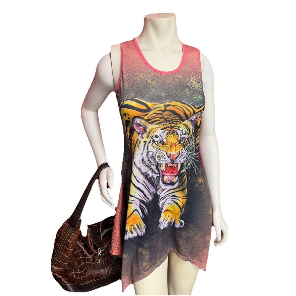 Y2K Tiger Dress Shirt Bling Sleeveless Sz Med Mesh‎ Back Rhinestones Beach Cover - Picture 8 of 14